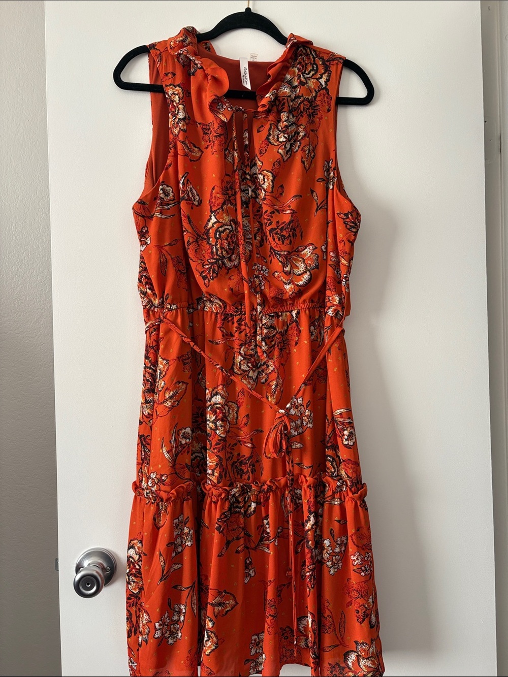 NY Collection Orange Floral Ruffle-Trim Midi Dress